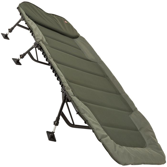 Angled shot of the JRC Defender Levelbed Wide Bedchair set up